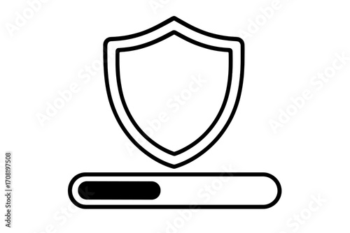 Protection loading concept. Shield with progress bar. Security update, secure download, system check. Antivirus scanning status. Data privacy metaphor. Line art vector icon.