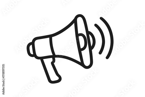 Megaphone icon for announcement and marketing. Loudspeaker symbol for communication, advertising, and promotion. Bullhorn for public speaking, news, and alert. Vector line art.