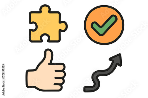 Vector icon collection with puzzle piece for strategy, check mark for success, thumbs up for approval, and arrow for progress. Business solution and growth concept cartoon set.