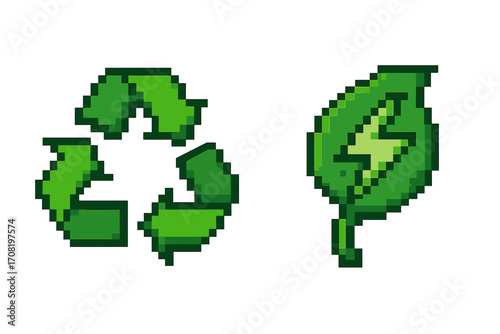 Pixel art recycle symbol and green energy leaf icon set. Vector 8-bit retro game style ecology and sustainability signs. Eco friendly conservation and renewable power concept.