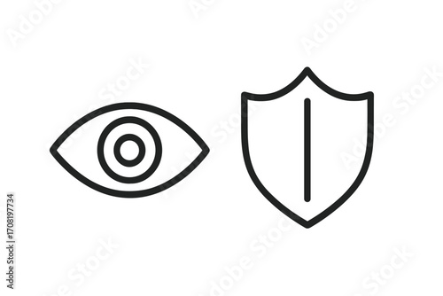 Eye and shield icon for security and protection. Concept for privacy, safety, and surveillance. Vector linear sign for data defense, private mode, and vision guard.