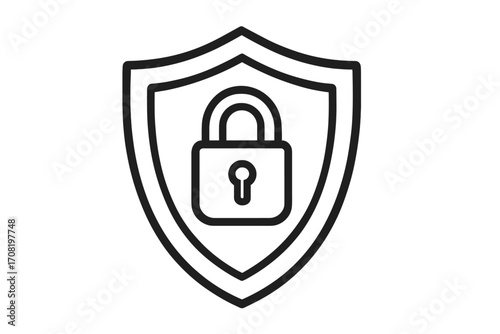 Security shield with padlock icon concept. Cybersecurity and data protection symbol. Privacy, safety, and secure system metaphor. Antivirus guard linear vector illustration for apps.