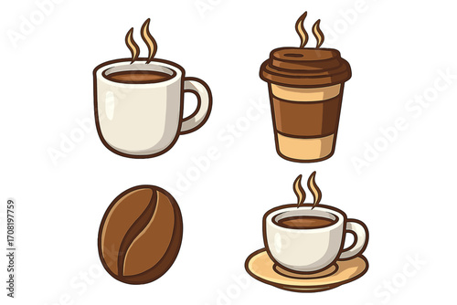 Coffee icon set vector illustration. Cartoon graphic symbols for cafe menu or app. Includes mug, takeaway cup, and bean. Hot espresso, latte, or cappuccino drink.