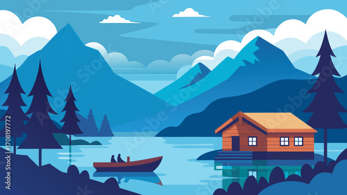 Tranquil lakeside cabin retreat with rowboats serene mountain landscape vector illustration