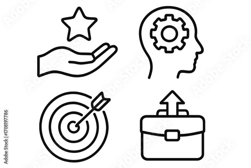 Business success icon set. Career growth, goal achievement, strategic thinking, value. Vector linear symbols for web and mobile. Infographic elements collection.