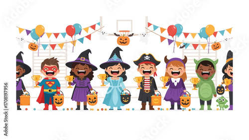 Halloween Parade Celebration: Joyful children dressed in vibrant, festive costumes, parade through a Halloween celebration, illuminated by cheerful pumpkins and colorful balloons.