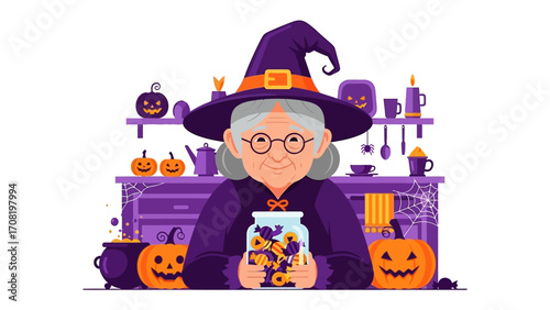 Friendly Witch's Halloween Charm: A kind witch, adorned in a purple hat and glasses, embodies the spirit of Halloween, holding a jar of captivating treasures amidst the whimsical decor.