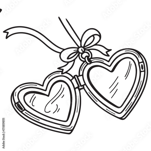 Illustration of two heartshaped locket pendants hanging from a ribbon isolated on white background