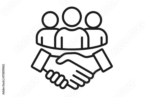 Business partnership agreement icon with handshake. Teamwork and collaboration concept. People group symbol for deal, contract, and community support. Vector line art illustration.