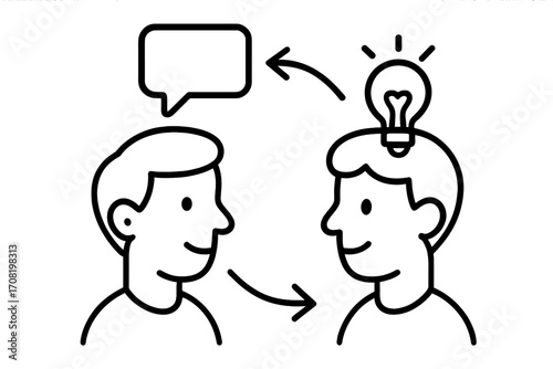 Knowledge transfer icon. Brainstorming and new idea concept. Communication, mentoring, coaching and teamwork symbol. Two people talking. Problem solving and innovation.