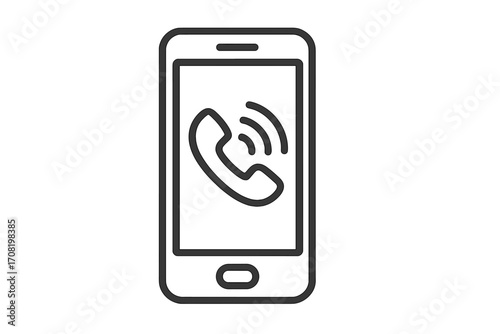 Ringing phone icon on smartphone screen. Incoming call symbol. Mobile communication concept. Telephone contact pictogram. Vector line art illustration for web and app design.