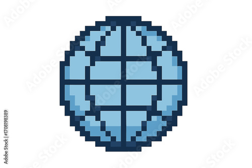 Pixel art globe icon for global business and communication. 8-bit world symbol representing internet, network, and teamwork. Retro vector illustration for technology concepts.