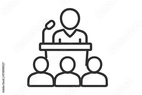 Public speaking icon. Speaker at podium with microphone. Business presentation or conference concept. Leader addressing audience. Seminar, lecture, or training symbol. Vector line art.