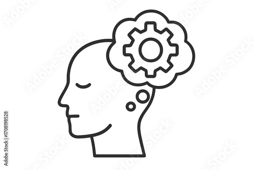 Thinking process icon with gear in head. Mental work and brainstorming concept. Human head silhouette with cogwheel. Psychology and problem solving symbol. Strategy development.