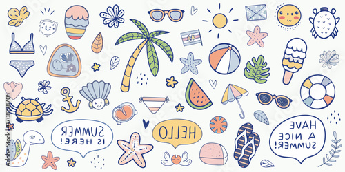 Adorable Summer Beach and Vacation Doodle Elements Keywords: summer, beach, vacation, doodle
