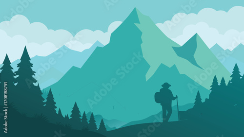Peaceful mountain hike solitary hiker walking serene landscape vector illustration scalable eps