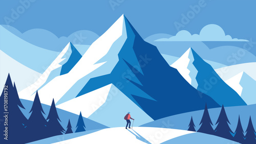 Peaceful alps morning vector illustration with a solitary skier amidst snowy peaks