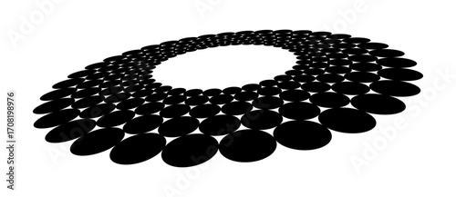 Abstract halftone dotted circle advertising background. Optical illusion effect. Black creative halftone circle polka dots vector in perspective view.