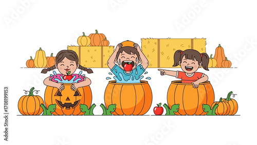 Halloween Fun with Pumpkin Smiles: Three children engage in playful antics. Two smiling, one eating apple. All the children sit on big pumpkin.