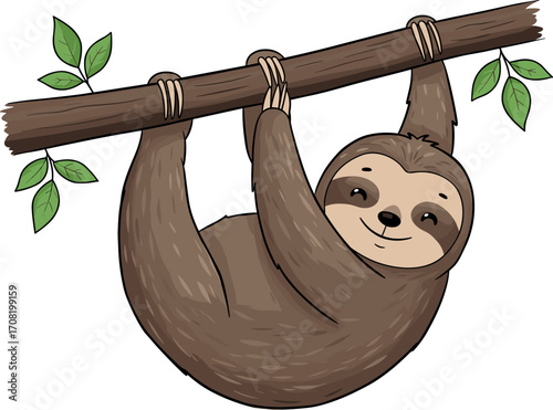 A delightful illustration of a sloth hanging from a branch, exuding a sense of calm and contentment. The sloth's relaxed pose and friendly expression evokes a feeling of peace