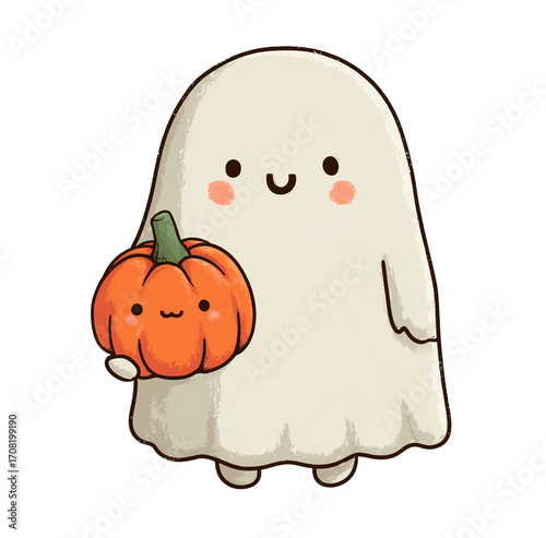 cute ghost holding a pumpkin, simple line art, clipart style, white background, pastel colors, vector illustration