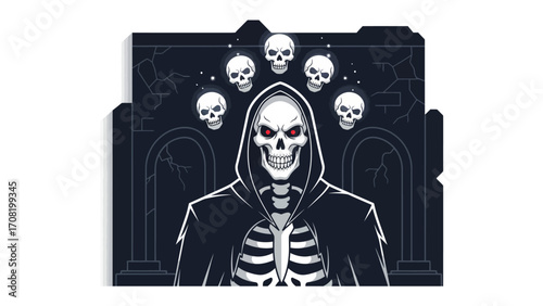 Spooky Specter Silhouette: A chilling image of a hooded figure, a skeletal embodiment of dread, with glowing red eyes, is positioned against a dark.