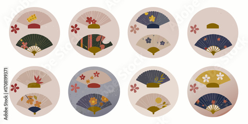 Japanese Fans with Floral and Leaf Motifs in Circles Keywords: Japanese fan, traditional