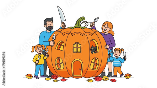 A Family's Festive Harvest: A heartwarming illustration captures a family engrossed in crafting a pumpkin house, fostering creativity and joy in the spirit of Autumn's festivities.