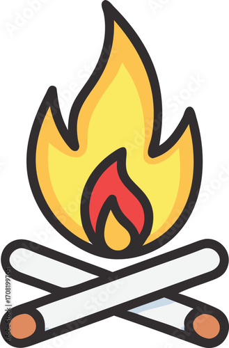 Cartoon Campfire Illustration with Two Logs and a Bright Flame