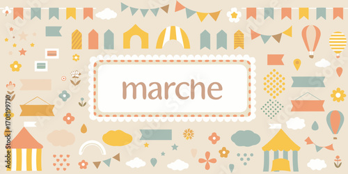 Whimsical Market Scene with Bunting and Tents Keywords: market, whimsical, bunting, tents