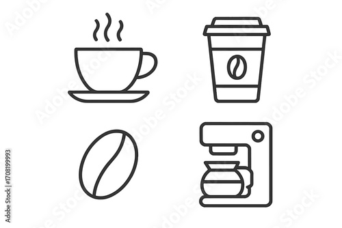 Coffee line icon collection. Vector symbols for cafe menu, hot drink, and morning beverage. Set includes coffee maker, paper cup, and bean for web and mobile apps.