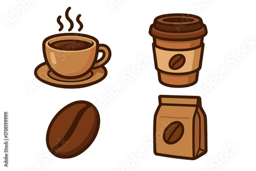 Coffee icon set vector cartoon illustration. Simple flat graphic elements for web, apps, menu. Hot drink, espresso, cappuccino cup, takeaway paper cup, coffee bean and bag.