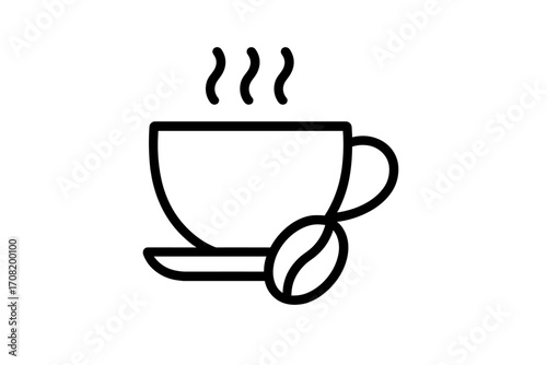 Coffee time concept. Minimalist line icon of a steaming hot coffee cup with a bean. Vector pictogram for cafe, restaurant menu, logo design, morning drink, or coffee break.