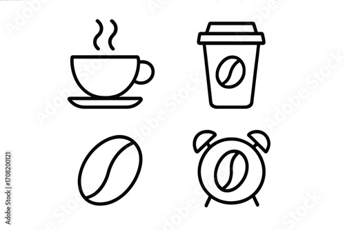 Coffee time icon set. Minimalistic linear pictogram collection for web and graphic design. Coffee break, morning routine, wake up concept. Vector illustration with cup, bean, alarm clock.