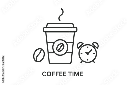 Coffee time concept. Morning routine with a hot drink. Takeaway coffee cup, alarm clock and bean icon. Wake up and energy symbol. Minimal line art vector for web design.
