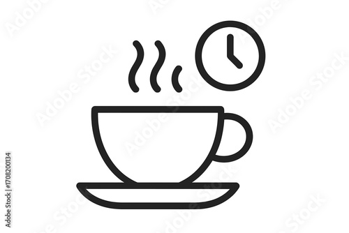 Coffee time icon. Coffee break concept with hot drink cup and clock. Symbol of morning routine, office pause, cafe menu, relaxation. Minimalist line art vector logo design.