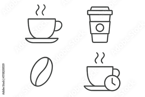 Coffee time icon set. Minimalistic thin line art for web and graphic design. Vector symbols for coffee cup, takeaway mug, bean, coffee break. Simple outline illustration.