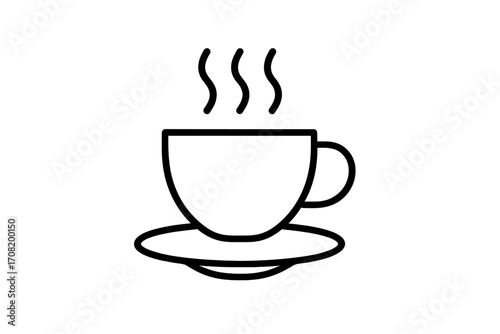 Coffee time icon. Minimalistic thin line art of a hot drink in a cup. Vector for web, graphic design, app, logo. Simple black and white illustration for cafe, menu, break.