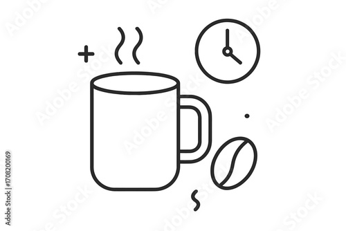 Coffee time vector line icon. Minimalistic illustration of a coffee break with mug, clock, and bean. For web, graphic design, apps. Morning routine and energy boost concept.