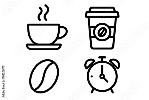 Coffee time icon set. Morning routine concept with hot drink cup, takeaway coffee, bean, and alarm clock. Simple outline vector illustration for web design, apps, and menu.