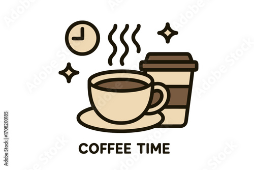 Coffee time vector icon set for break. Hot drink in cup and takeaway paper mug. Morning beverage outline cartoon illustration for cafe menu, apps, social media design.