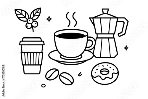 Coffee icon set line art collection. Vector outline illustration for cafe menu. Includes coffee cup, moka pot, beans, plant, donut. Breakfast beverage symbols for design.