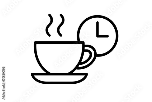 Coffee break time linear icon. Hot drink mug with steam and clock symbol. Minimalist line art vector for cafe menu, web design, app, morning beverage concept illustration.