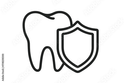 Tooth with shield icon. Dental protection and care symbol. Oral hygiene and health concept. Dentistry insurance logo. Vector linear illustration for web, mobile app, clinic.