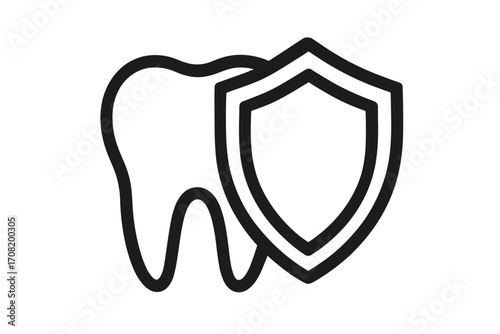 Tooth protection shield icon. Dental care and insurance concept. Oral health and hygiene symbol. Vector outline illustration for dentistry, clinic, medical design element.