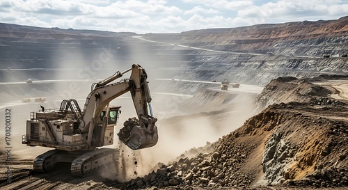 Massive earthmoving equipment operates within a large-scale open-pit mine, excavating and transporting materials.