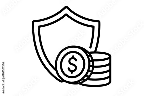 Financial protection concept. Money security icon. Investment safety symbol. Shield with dollar coins. Savings insurance metaphor. Secure payment and transaction. Wealth management.