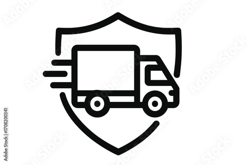Safe delivery truck icon. Insured shipping and cargo protection symbol. Secure logistics and transportation guarantee. Fast van delivery service with shield emblem vector.