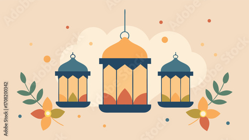 Peaceful lanterns vector illustration with floral accents softly glowing and scalable for festive designs