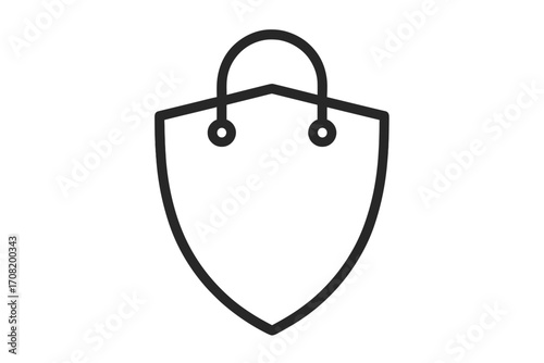 Secure shopping icon with shield and bag. Safe purchase protection symbol for e-commerce. Retail security and consumer safety concept. Vector line art for web and apps.